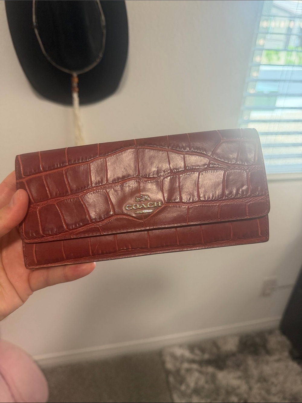 COACH Women's Croc-Embossed Leather Wallet Clutch in Deep red brown